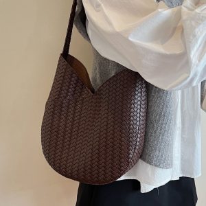 Korean Style Woven Bucket Bag Women's Casual Shoulder Underarm Retro Handbag