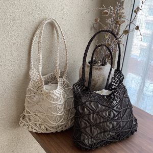 Handmade Cotton Rope Woven Bucket Bag Small Niche Hollow Tote for Summer Beach Vacation
