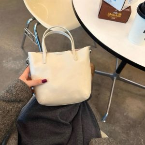 Crystal Vegetable-Tanned Leather Mini Bucket Bag Simple Versatile Soft Leather Crossbody Handbag with Shoulder Strap