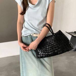 Handwoven Basket Bag Large Capacity Tote Shoulder Bag for Vacation and Commute
