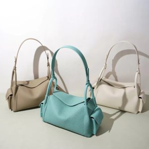 MBH Top Grain Leather Pillow Bag with Side Pockets Large Capacity Commuter Handbag Shoulder Bag