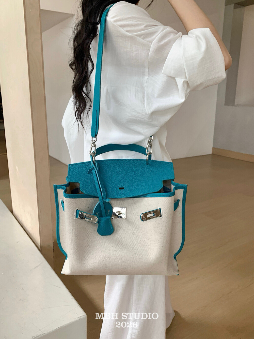 MBH Women's Cotton Linen and Top Grain Leather Kelly Bag with Wide Strap - Image 4