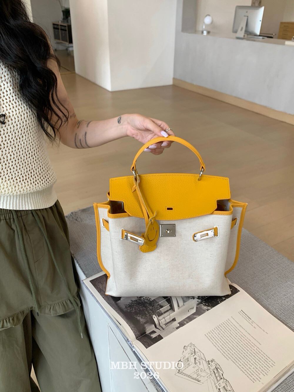 MBH Women's Cotton Linen and Top Grain Leather Kelly Bag with Wide Strap - Image 2
