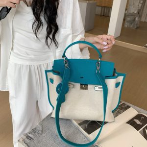 MBH Women's Cotton Linen and Top Grain Leather Kelly Bag with Wide Strap