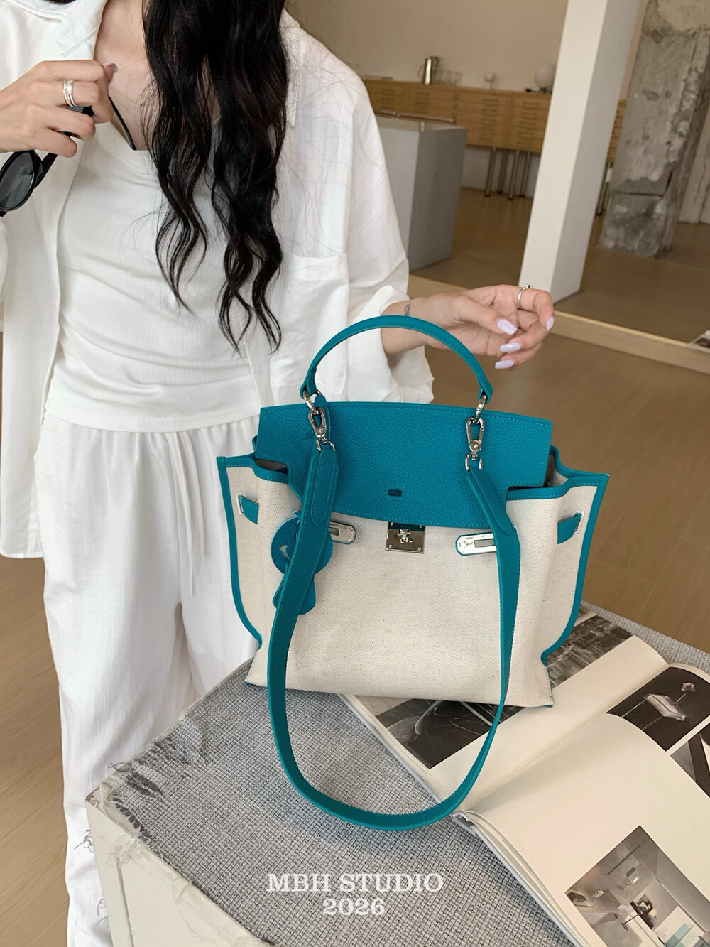 MBH Women's Cotton Linen and Top Grain Leather Kelly Bag with Wide Strap