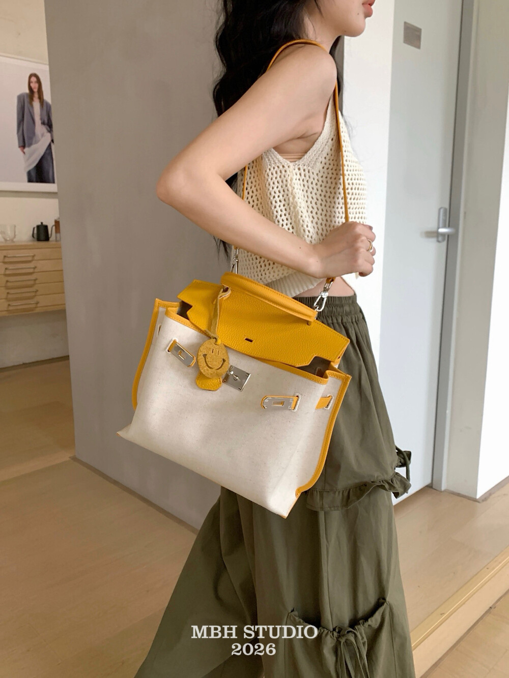 MBH Women's Cotton Linen and Top Grain Leather Kelly Bag with Wide Strap - Image 3