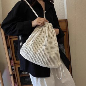 Korean Style Fresh Drawstring Woven Convertible Backpack Crossbody Bag for Women 2026
