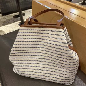 2026 Korean Style Large Capacity Striped Tote Bag Casual Minimalist Canvas Crossbody