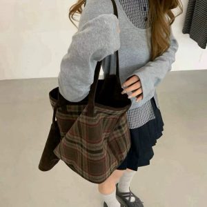 MBH Blue Retro Japanese Plaid Wool Tote Bag Large Capacity Shoulder Bag with Small Pouch