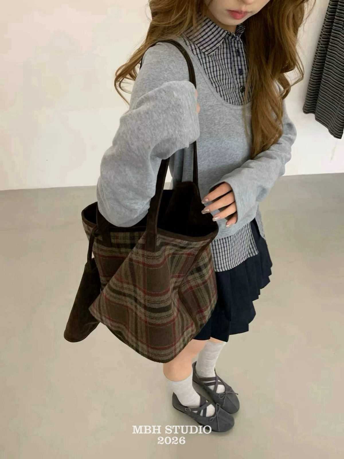 MBH Blue Retro Japanese Plaid Wool Tote Bag Large Capacity Shoulder Bag with Small Pouch