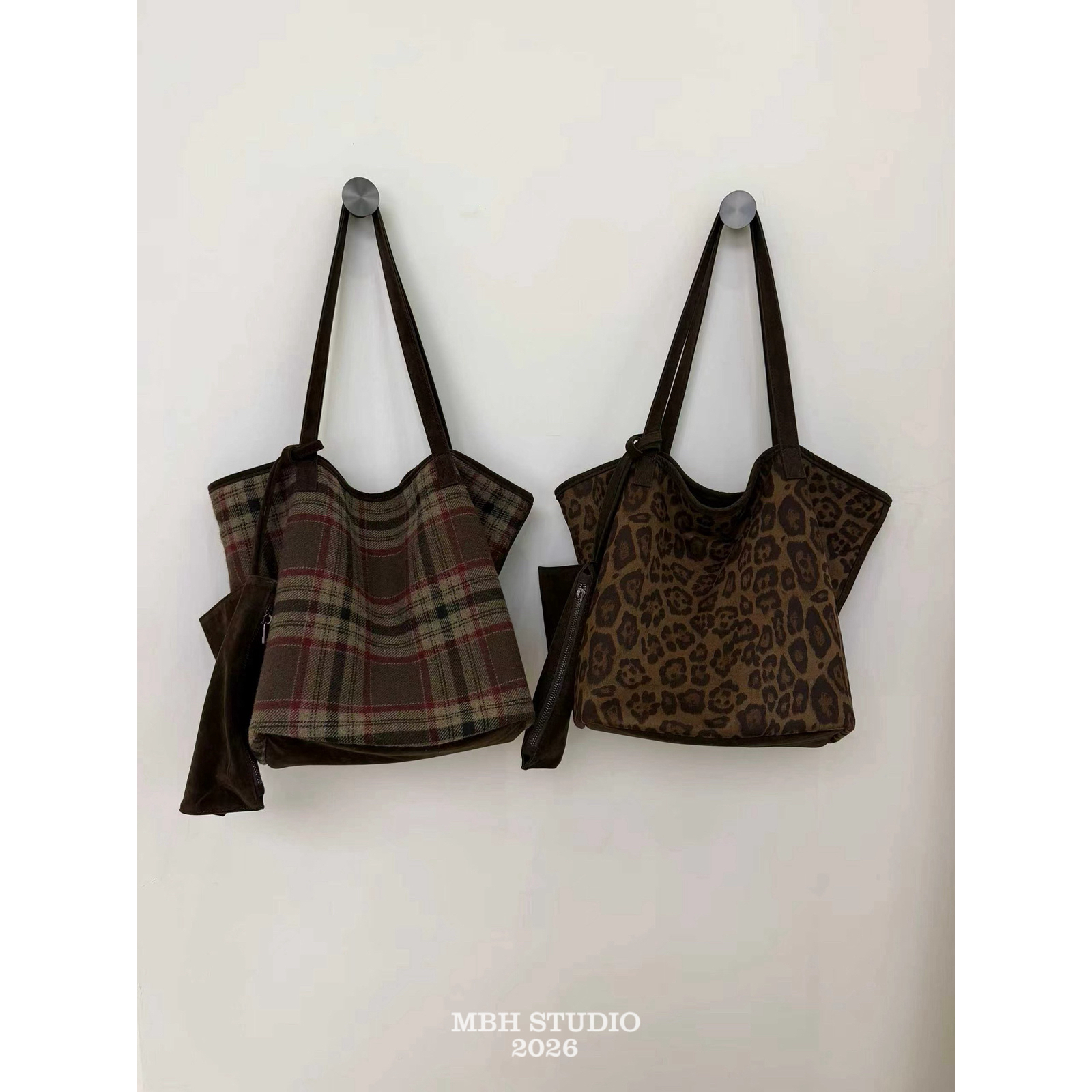 MBH Blue Retro Japanese Plaid Wool Tote Bag Large Capacity Shoulder Bag with Small Pouch - Image 5